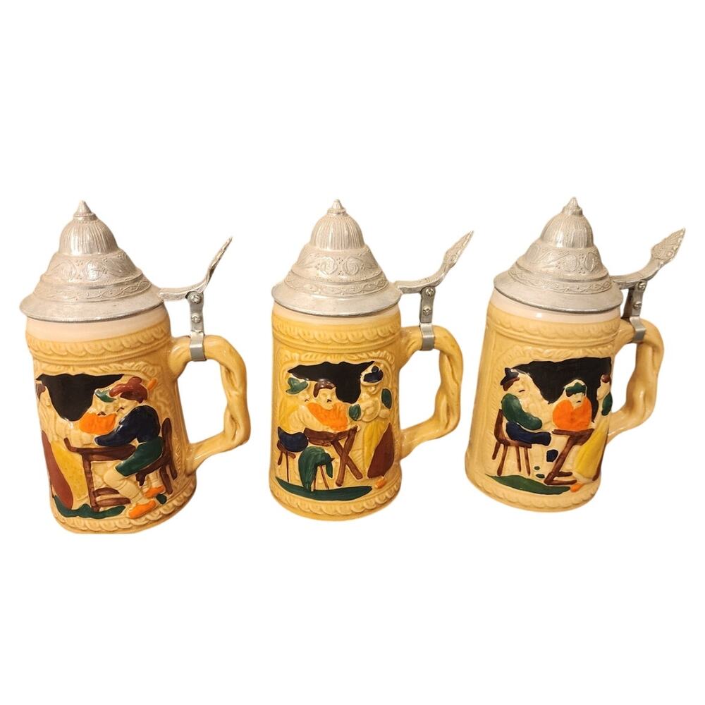 Vintage ABC Alphabet German Style Lidded Beer Stein Set Ceramic Pewter Lid 7.5"